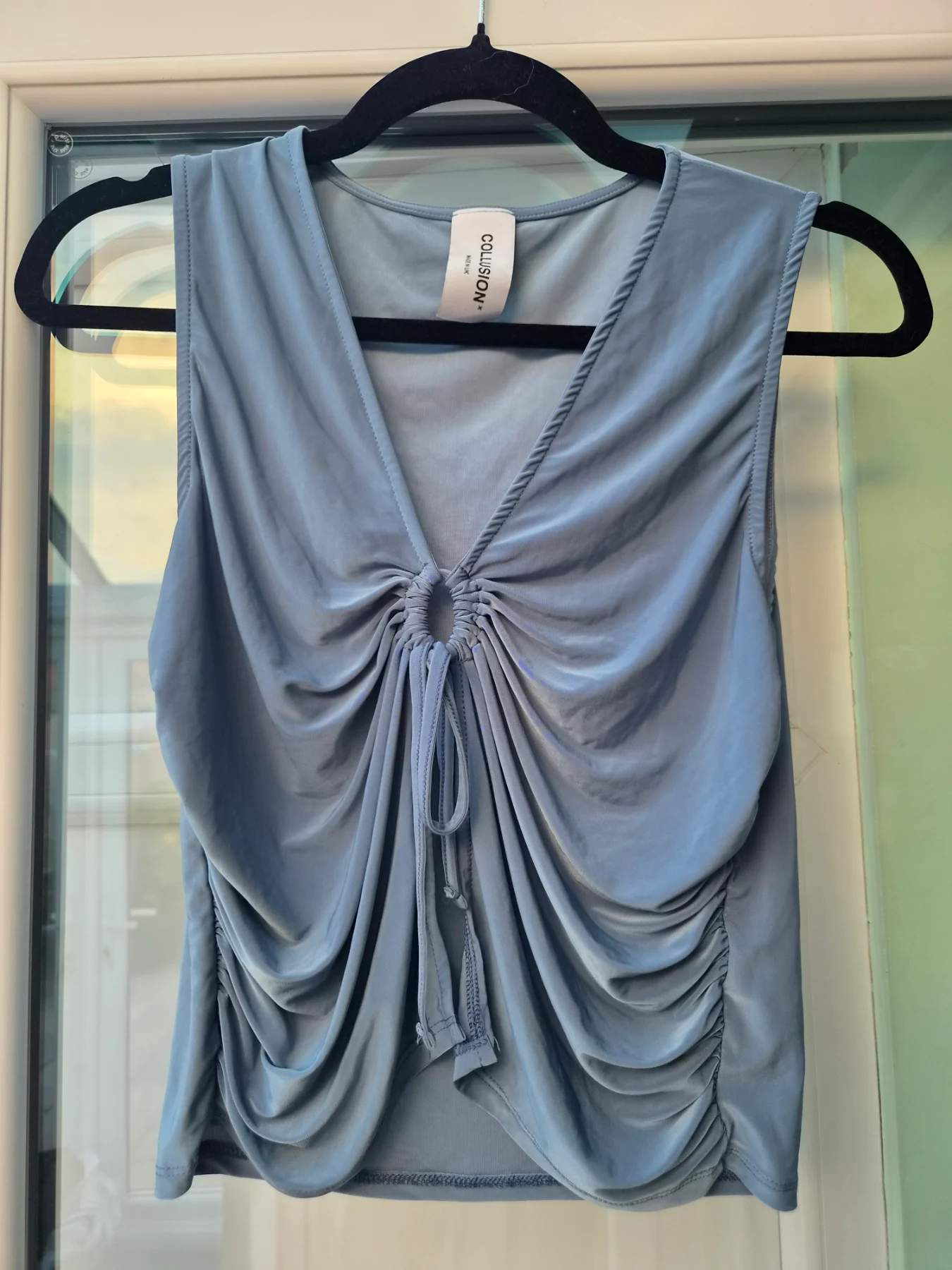 Collusion Dusty Blue Ruched Tie-Front Sleeveless Crop Top 8/10