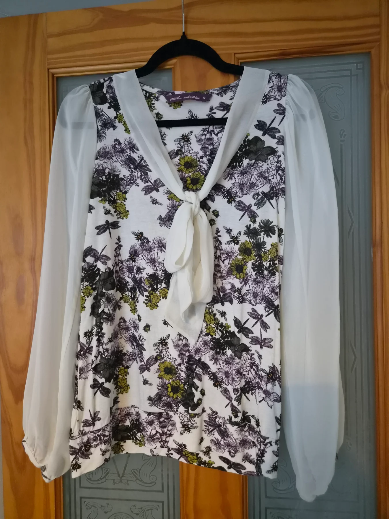Next Nature Print Tie Neck Blouse – Size 10, Sheer Sleeves, Bees & Floral