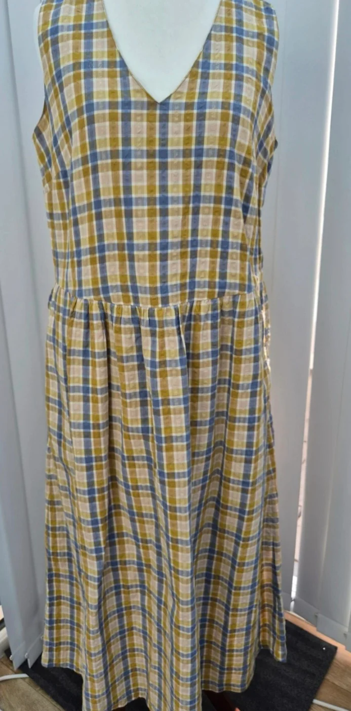 Seasalt Cornwall Sleeveless Check Midi Dress | Size 10 | Organic Cotton | Mustard Blue