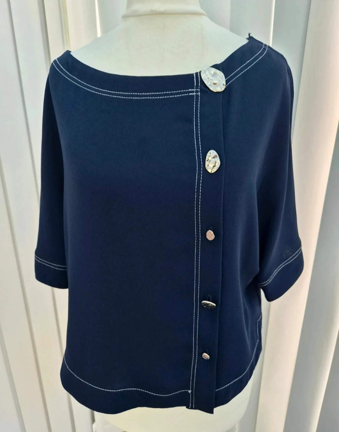 Zara Navy Blue Top Size XS (UK –8) Contrast Stitch Statement Buttons Smart Casual