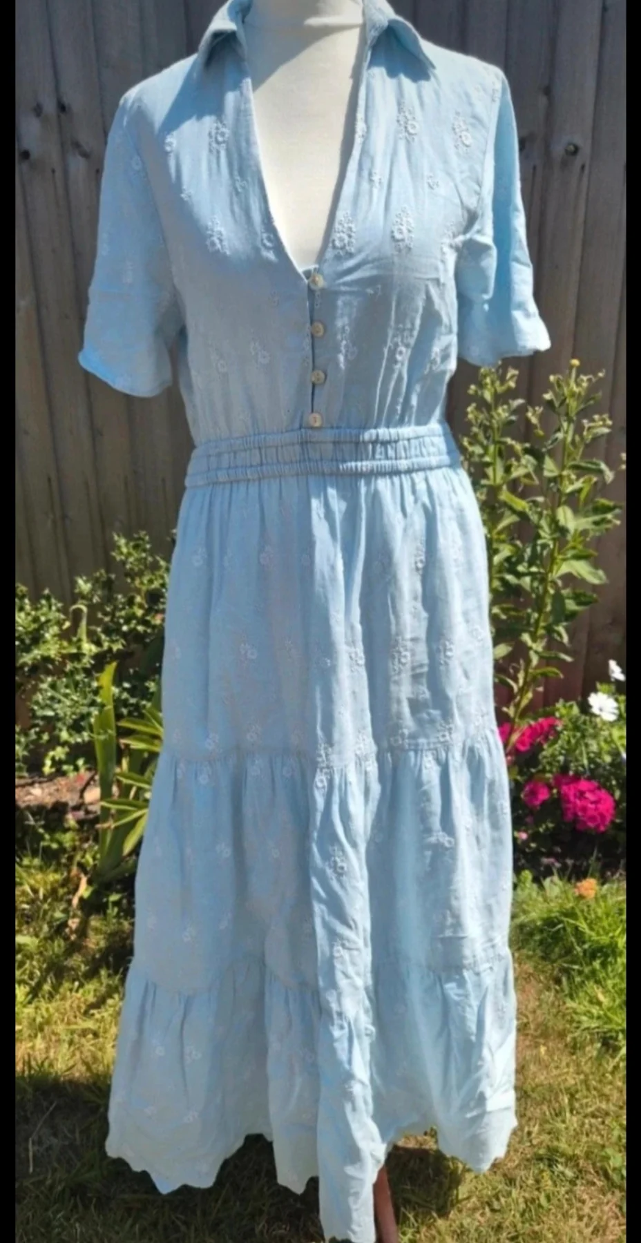 Zara Light Blue Embroidered Tiered Midi Dress – UK 8 / S