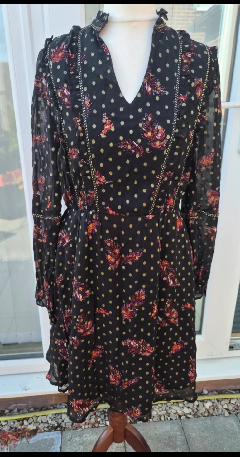 Monsoon Black Gold Metallic Leaf Print Boho Dress – Size S (UK10-12), Excellent
