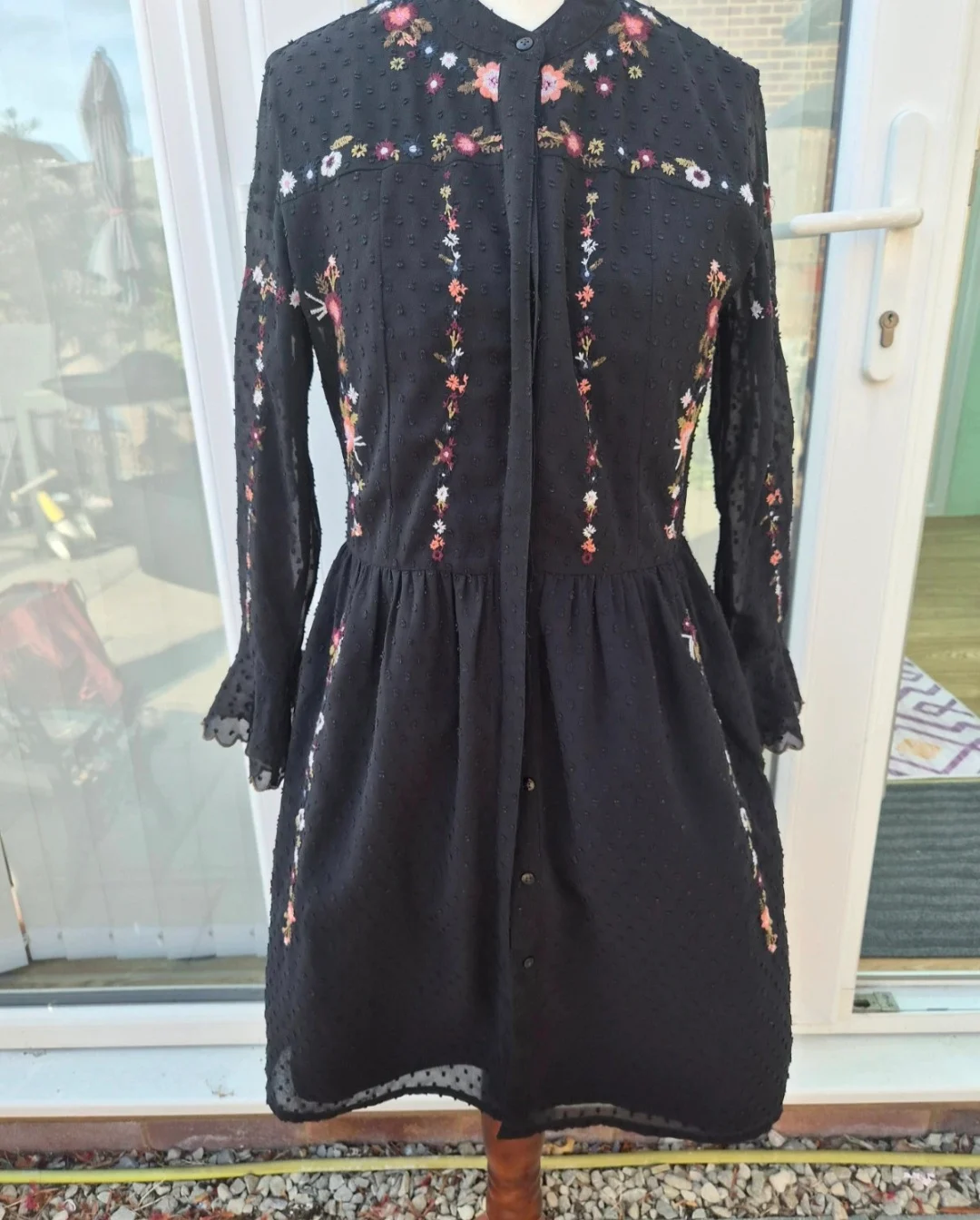 Whistles Black Embroidered Swiss Dot Mini Dress – UK 8, Bell Sleeves, Excellent
