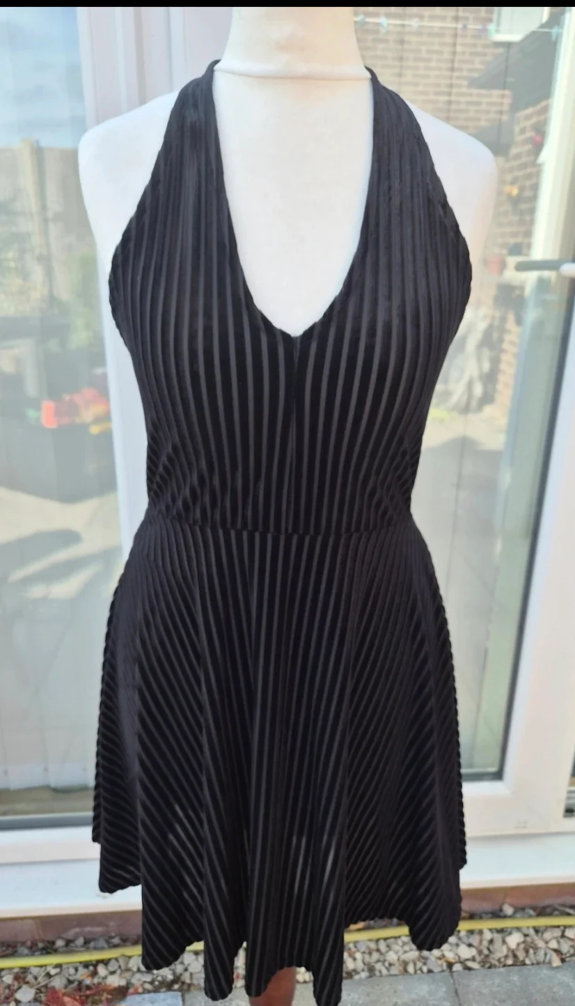 Pins and Needles Black Velvet Stripe Halter Dress – Size XS / UK6-8, Made in UK