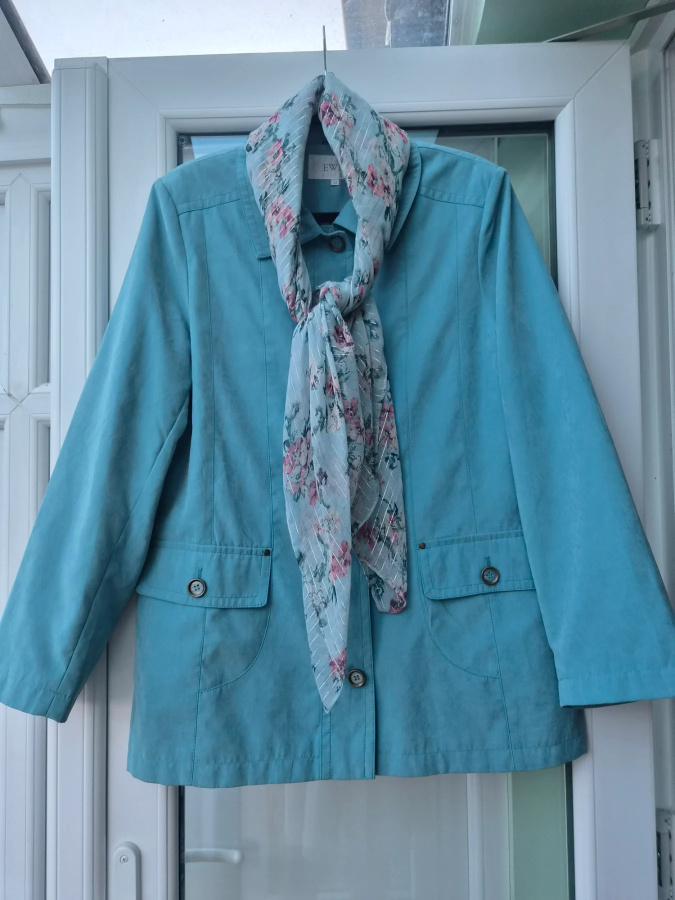 EWM Blue Suede-Effect Jacket & Matching Floral Scarf – Size 12, Excellent