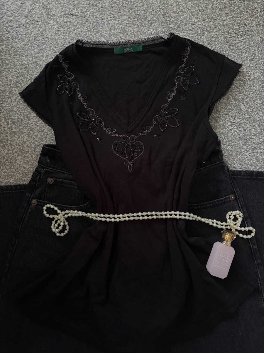 Vintage M&S Black Beaded V-Neck Cami Top / Size 12 Y2K Grunge