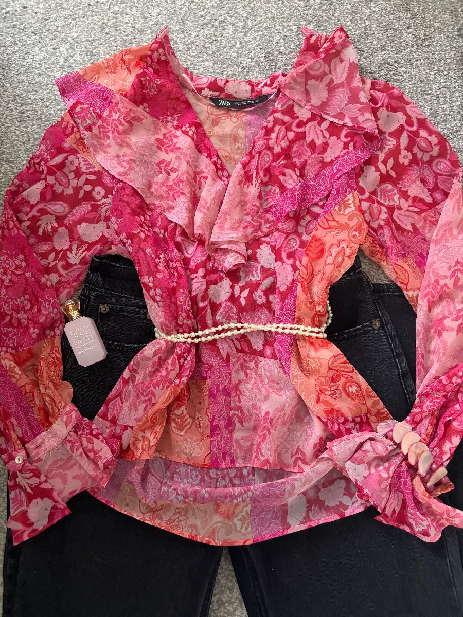 Zara Pink Floral Patchwork Ruffle Blouse XS | Romantic Cottagecore Boho Shirt