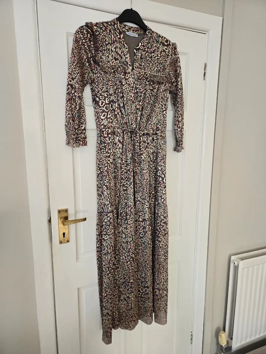 Stuning vintage french designer Scarlet Roos shimmery animal print dress size 12 gold red and blue