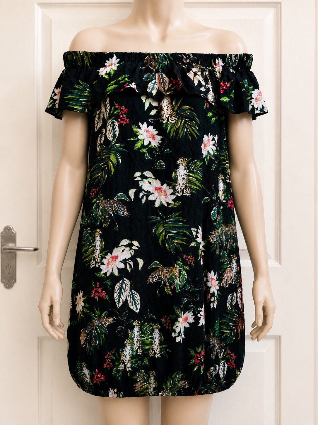 Primark Black Tropical Leopard Floral Off Shoulder Mini Dress UK 6