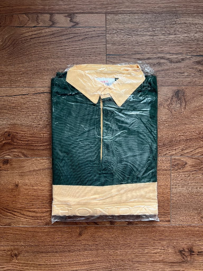 Men’s Vintage Honda 1980’s High Style Rugby Shirt Spellout Green Deadstock