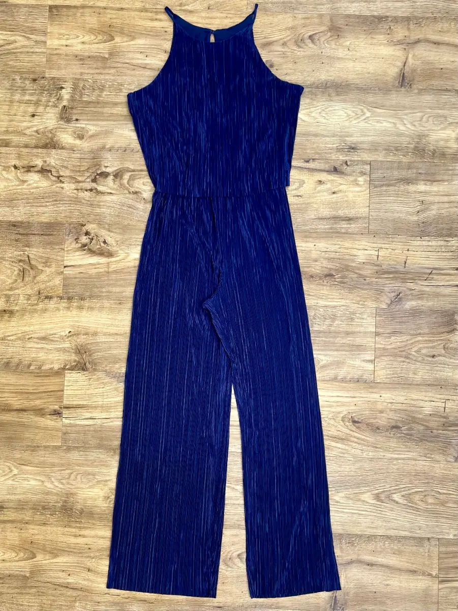 Papaya Matalan Navy Blue Plisse Jumpsuit Size 12 Pleated Wide Leg Palazzo Summer
