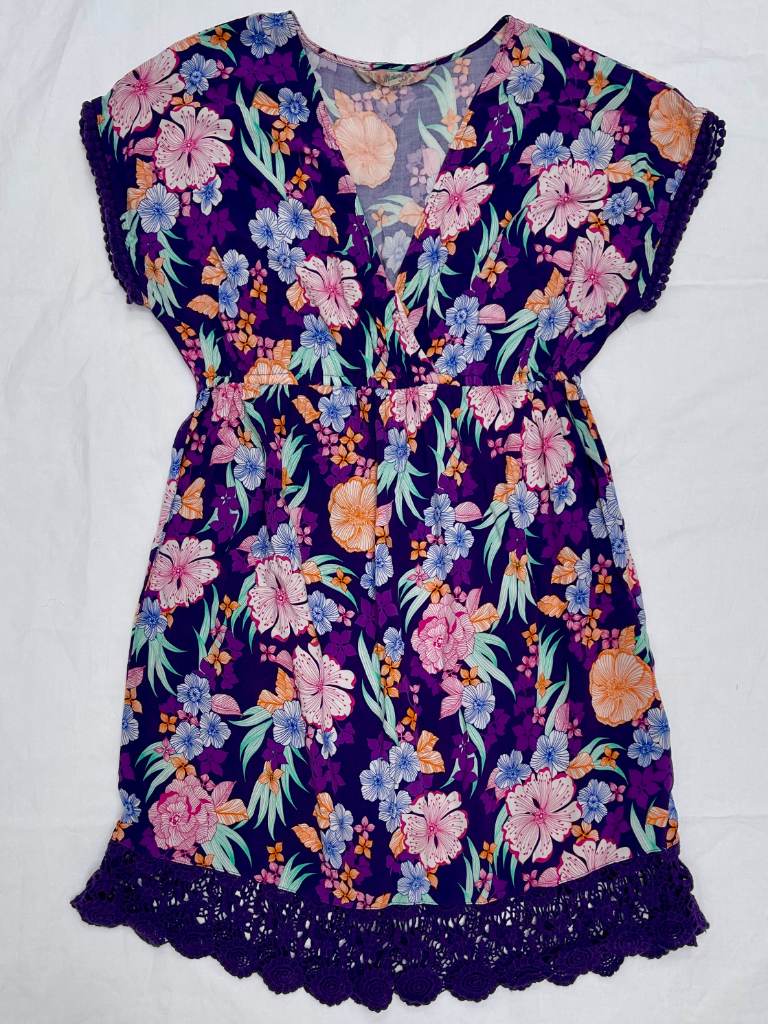 Mantaray Debenhams Purple Tropical Floral Beach Cover Up Dress Tunic Size 12