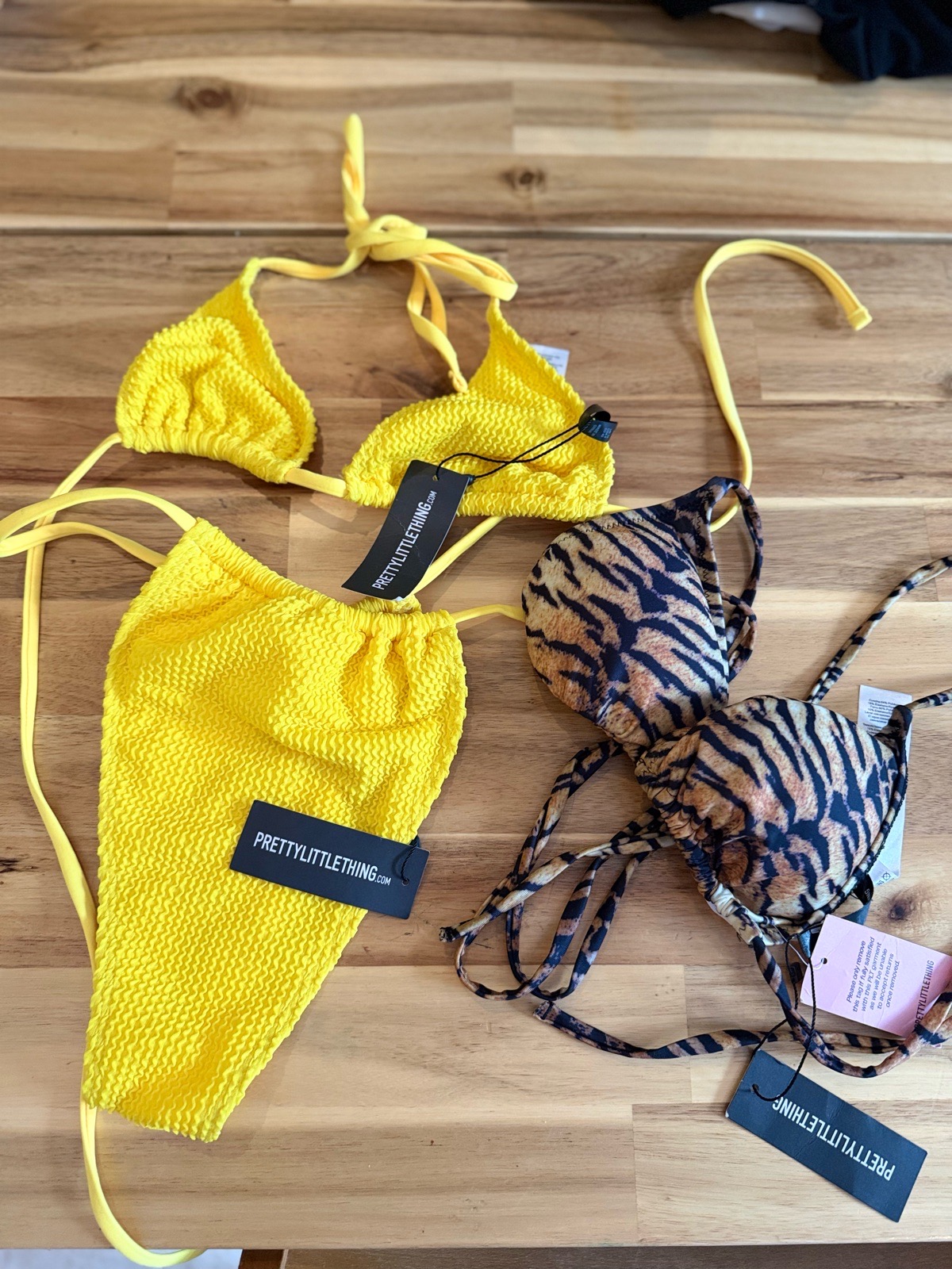 PrettyLittleThing Bikini Bundle – Yellow Crinkle & Brown Tiger Print – UK Size 12 – New With Tags