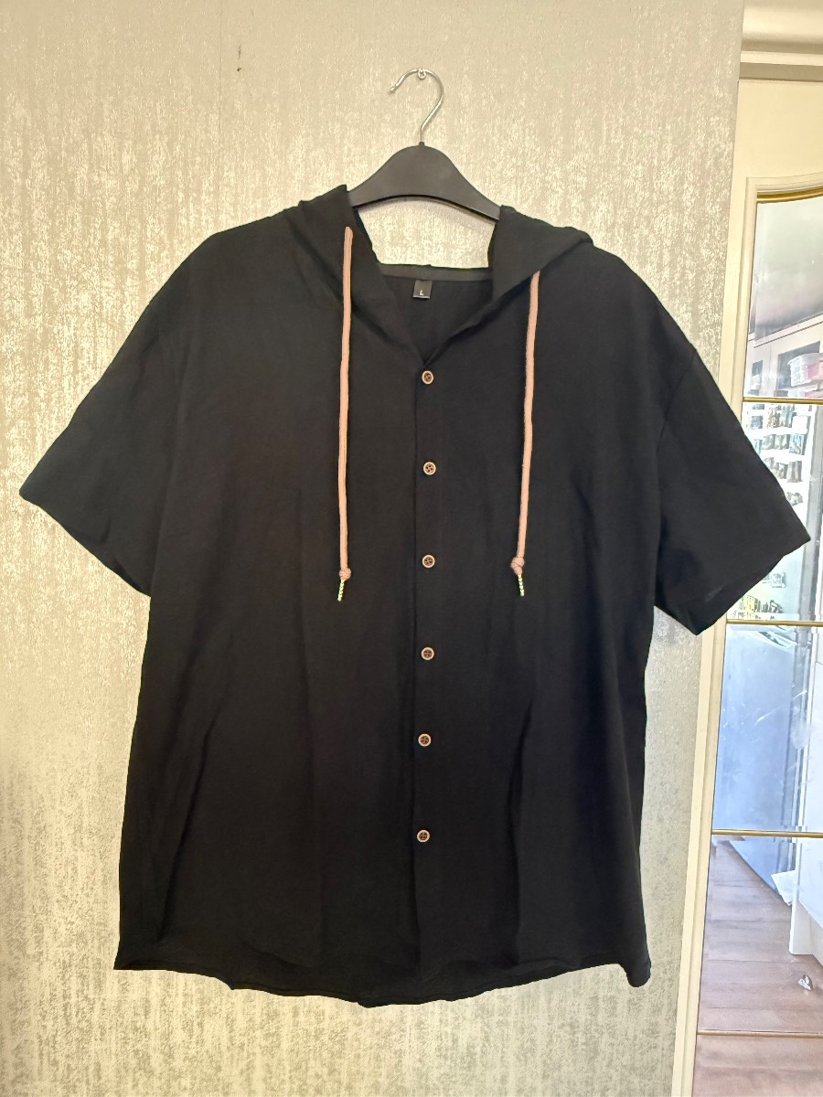 Men’s Linen Short Sleeved Shirt with Hood - Black