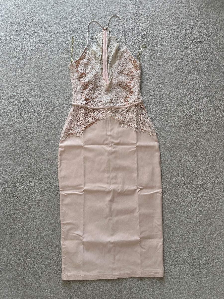 Rare London Blush Pink Lace Top Bodycon Midi Dress
