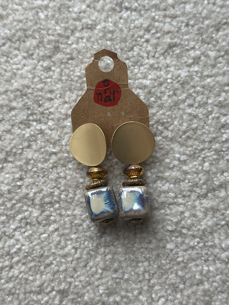 Bohemian Gold Disc & Blue Marbled Ceramic Bead Drop Earrings