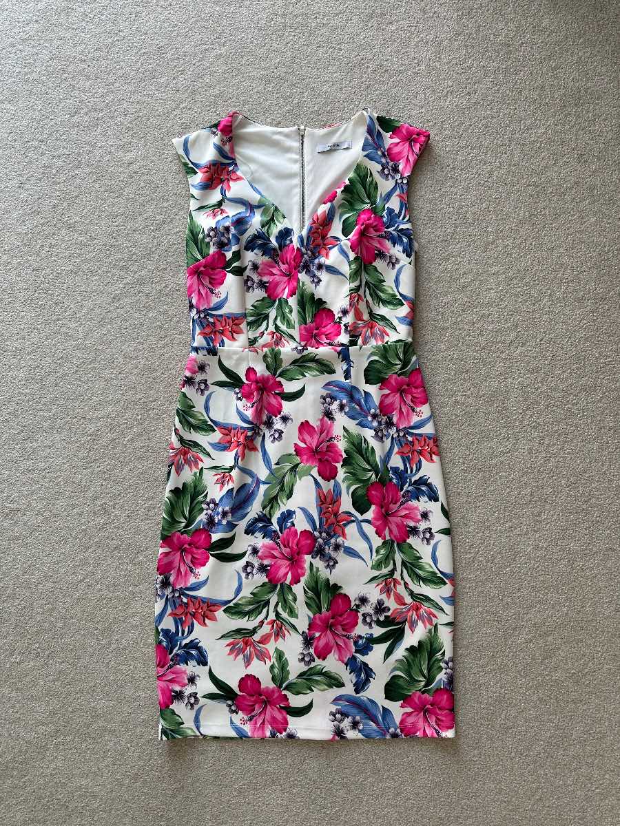 George White Vibrant Pink & Blue Tropical Floral V-Neck Shift Dress -Size 10 UK
