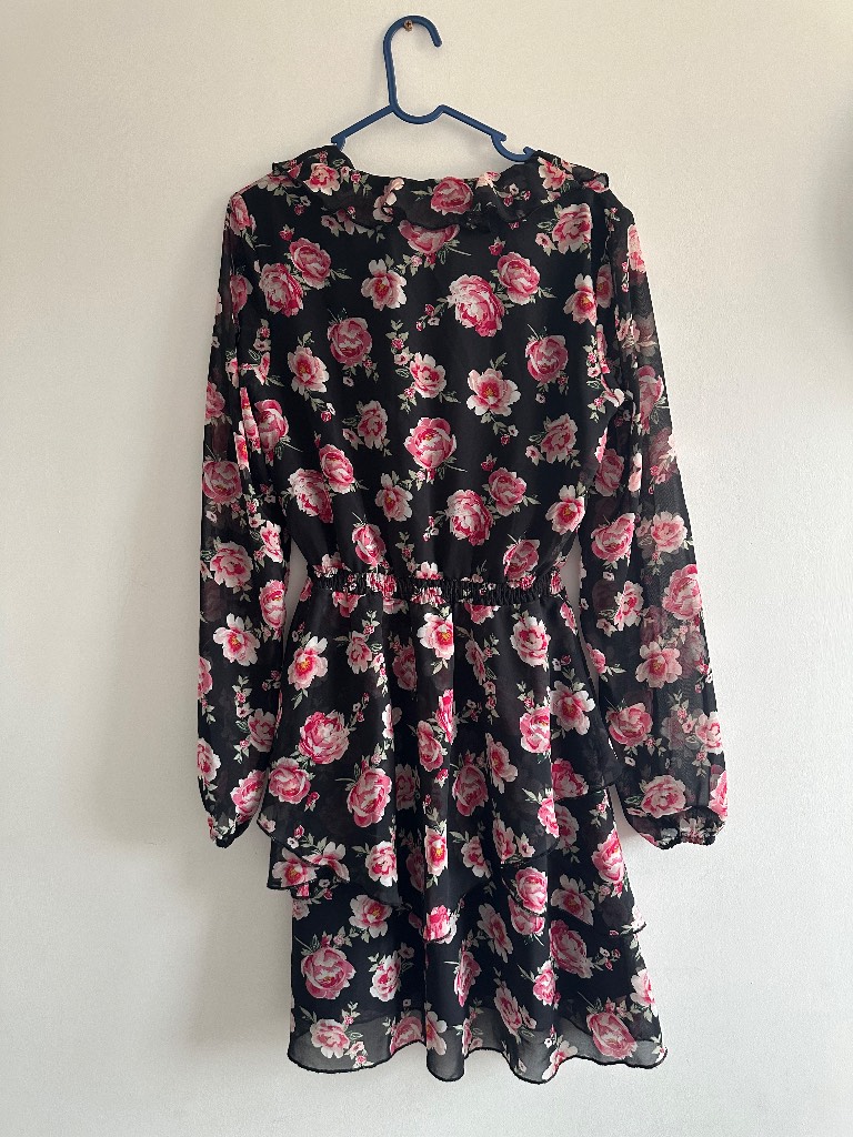H&M Sheer Floral Ruffle Neck Tiered Mini Dress Size S