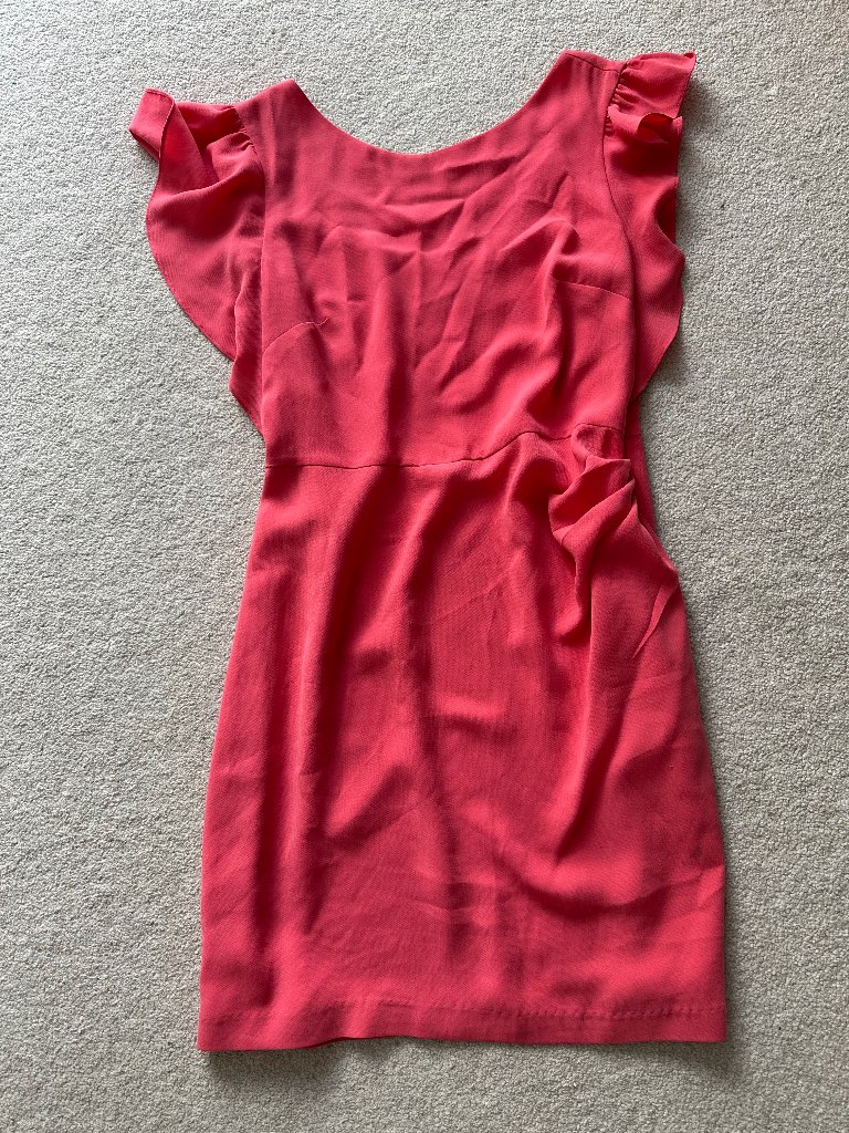 Oasis Coral Pink Ruffle Flutter Sleeve Dress Size 14