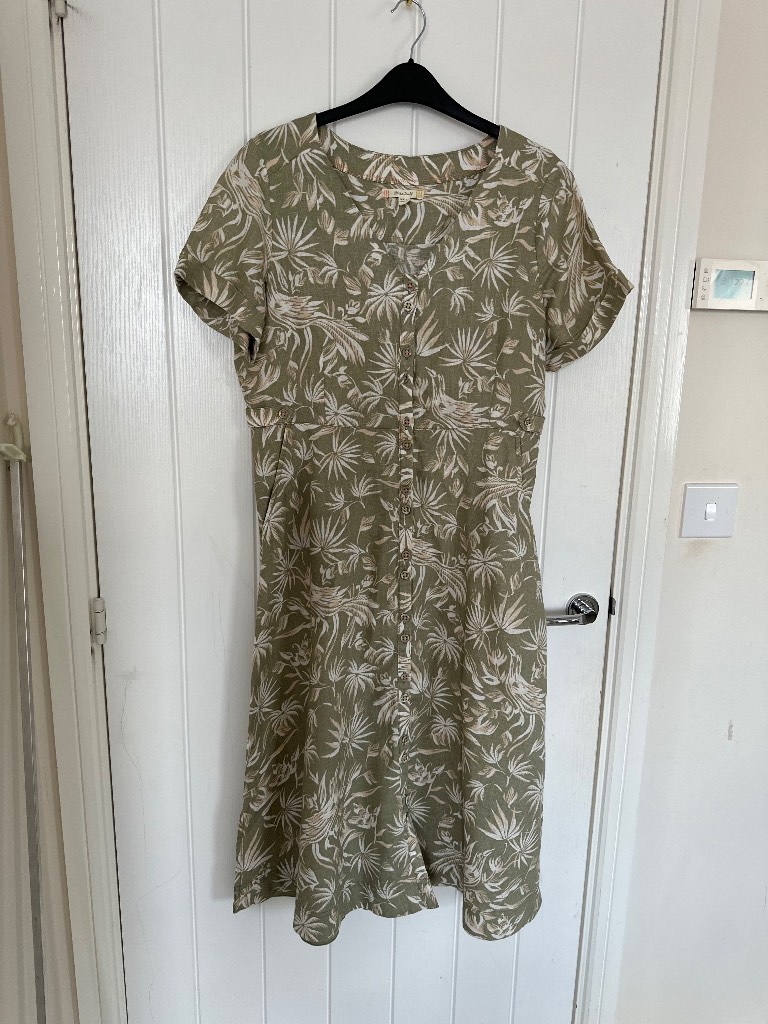 White Stuff Green Tropical Leaf Print 100% Linen Midi Tunic Dress Size 12