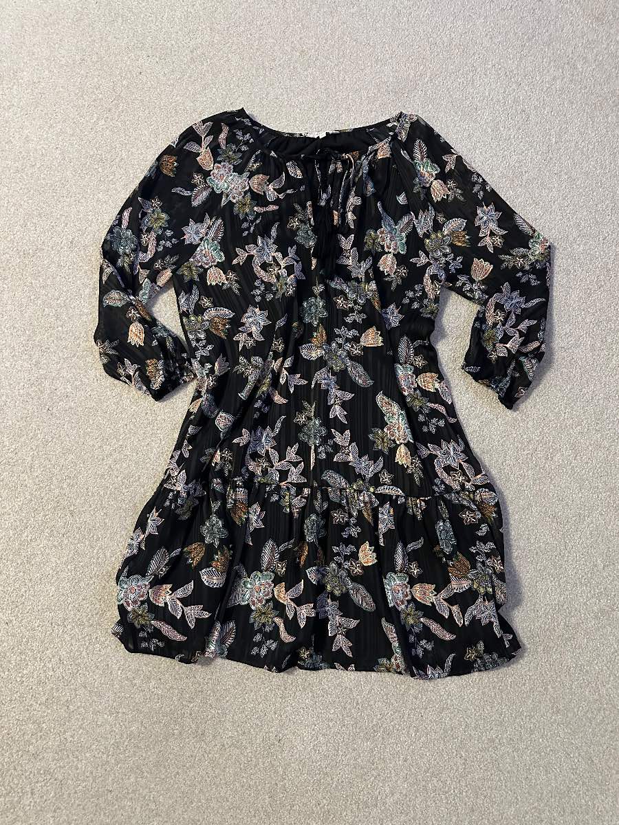 Falmer Heritage Black Boho Floral Mini Dress with Satin Stripe Detailing – Size 12
