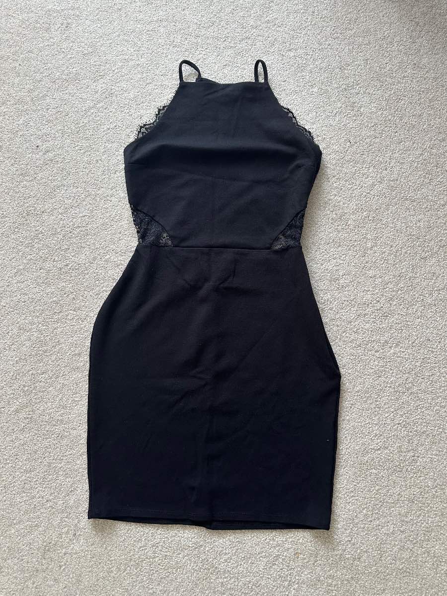 Miss Selfridge Black Lace Detail Halter Bodycon Mini Dress Size 10