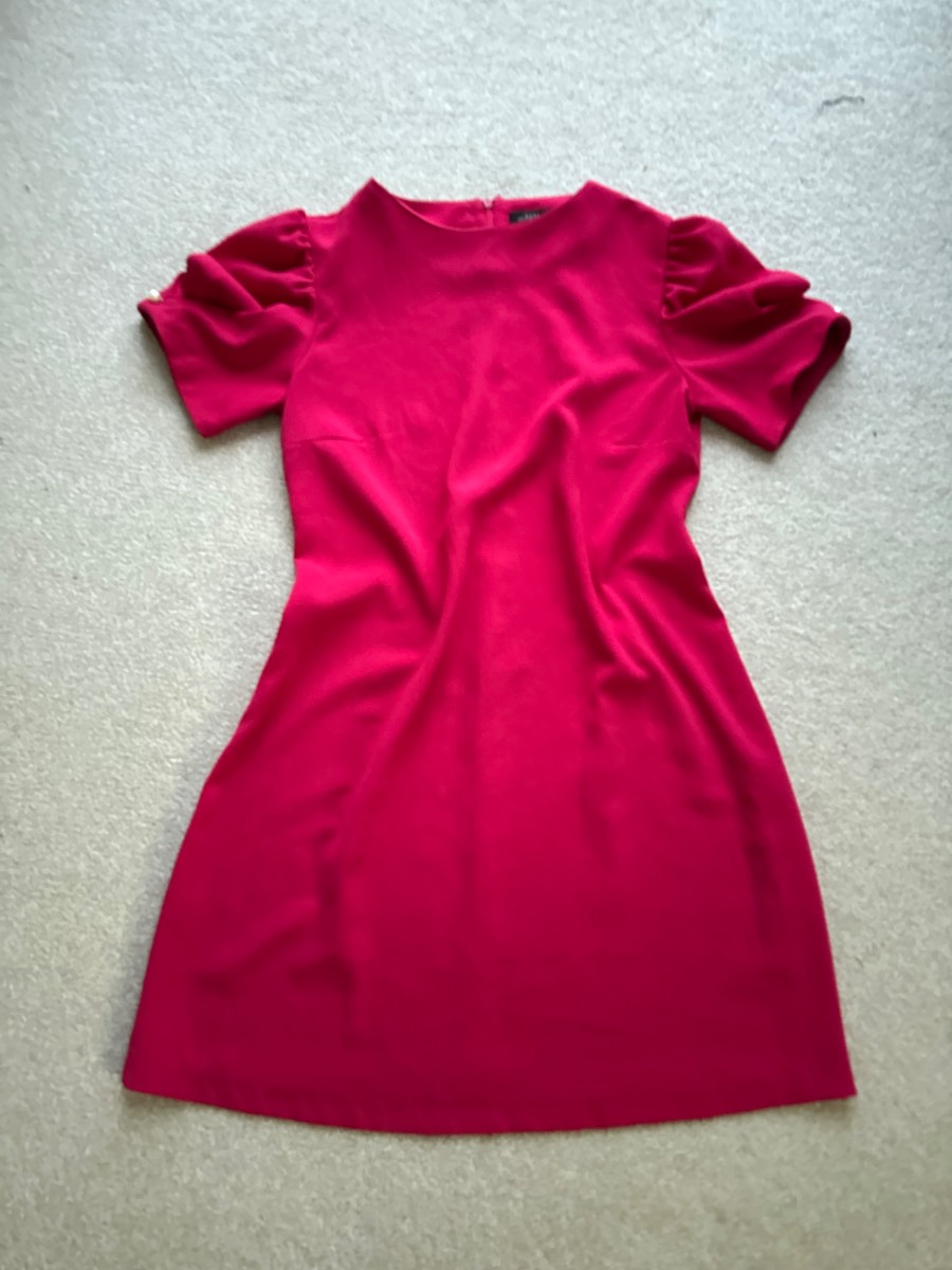 Zara Woman Fuchsia Pink Pearl Button Puff Sleeve Mini Shift Dress – Size S