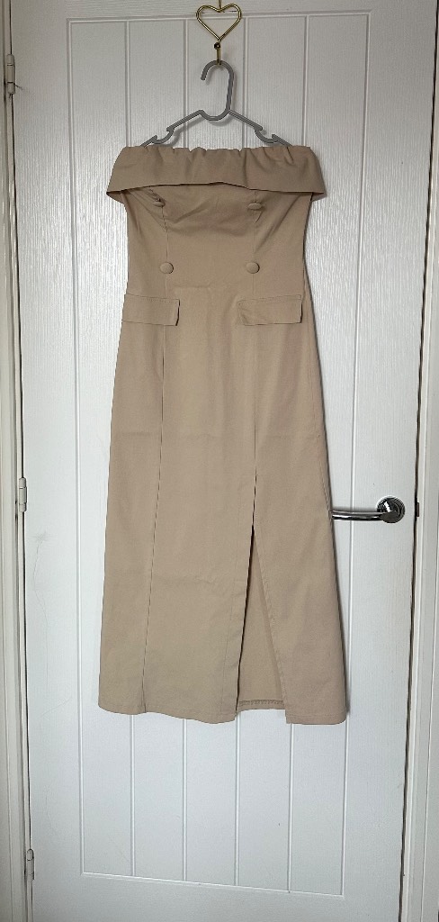 Beige Off-the-Shoulder Trench Style Midi Dress with Front Split Size S