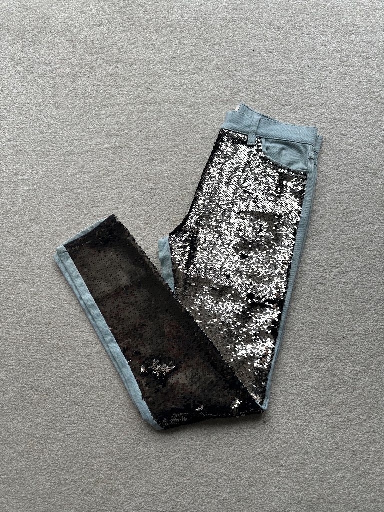French Connection Silver Sequin Front Skinny Jeans Pants Sage Gray UK 10 US 6