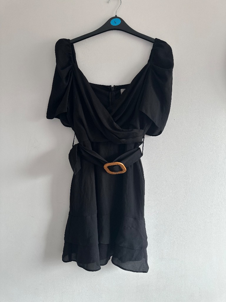 ASOS Black Mini Dress with Gold Buckle Belt - Size UK 12