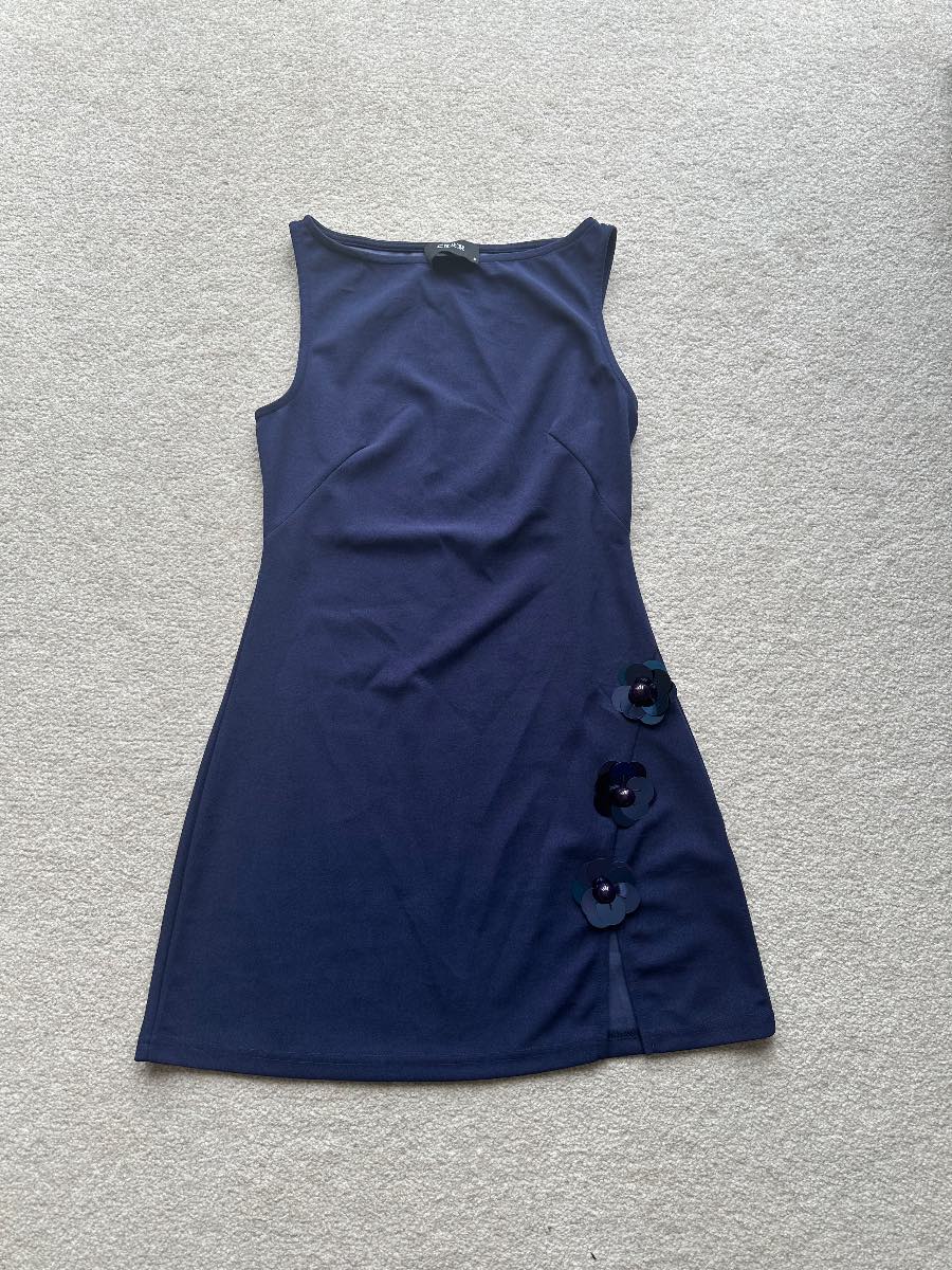 Cider Navy Blue Knitted Boat Neck Floral Split Mini Dress -Size S