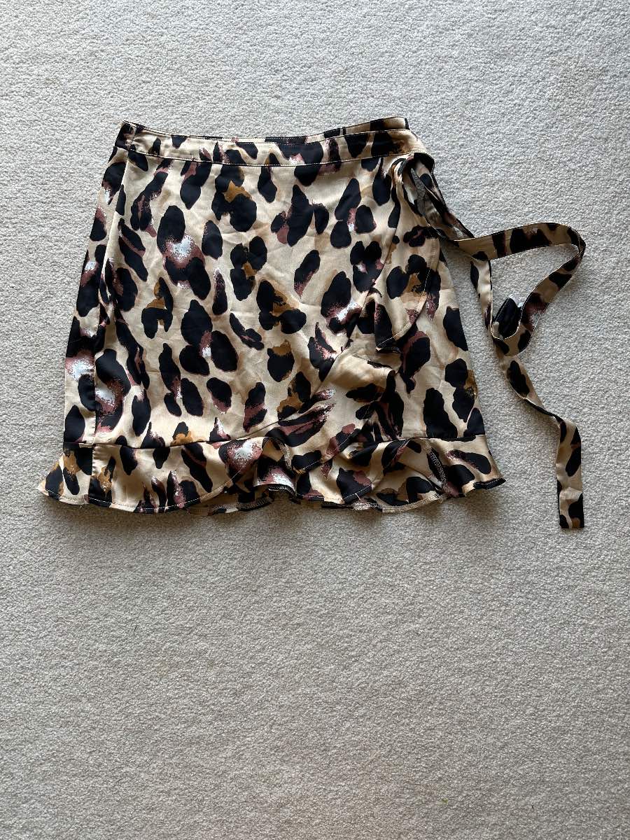 Nasty Gal Collection Leopard Print Satin Ruffle Wrap Mini Skirt - Size UK 8