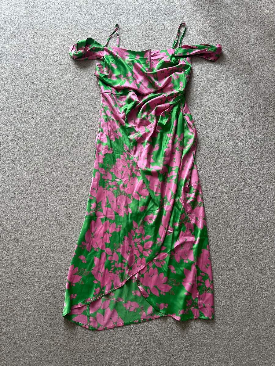 Girl In Mind Camila Pink & Green Floral Satin Midi Dress - Size UK 14