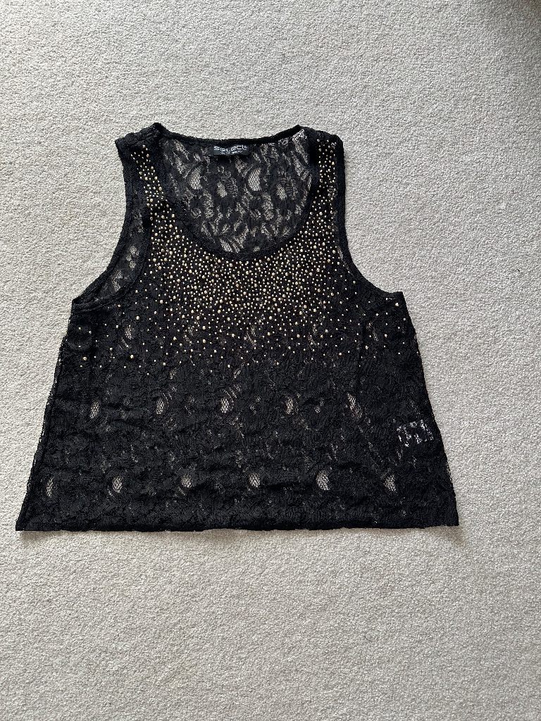 Select Black Lace Studded Mesh Tank Top - Size 14