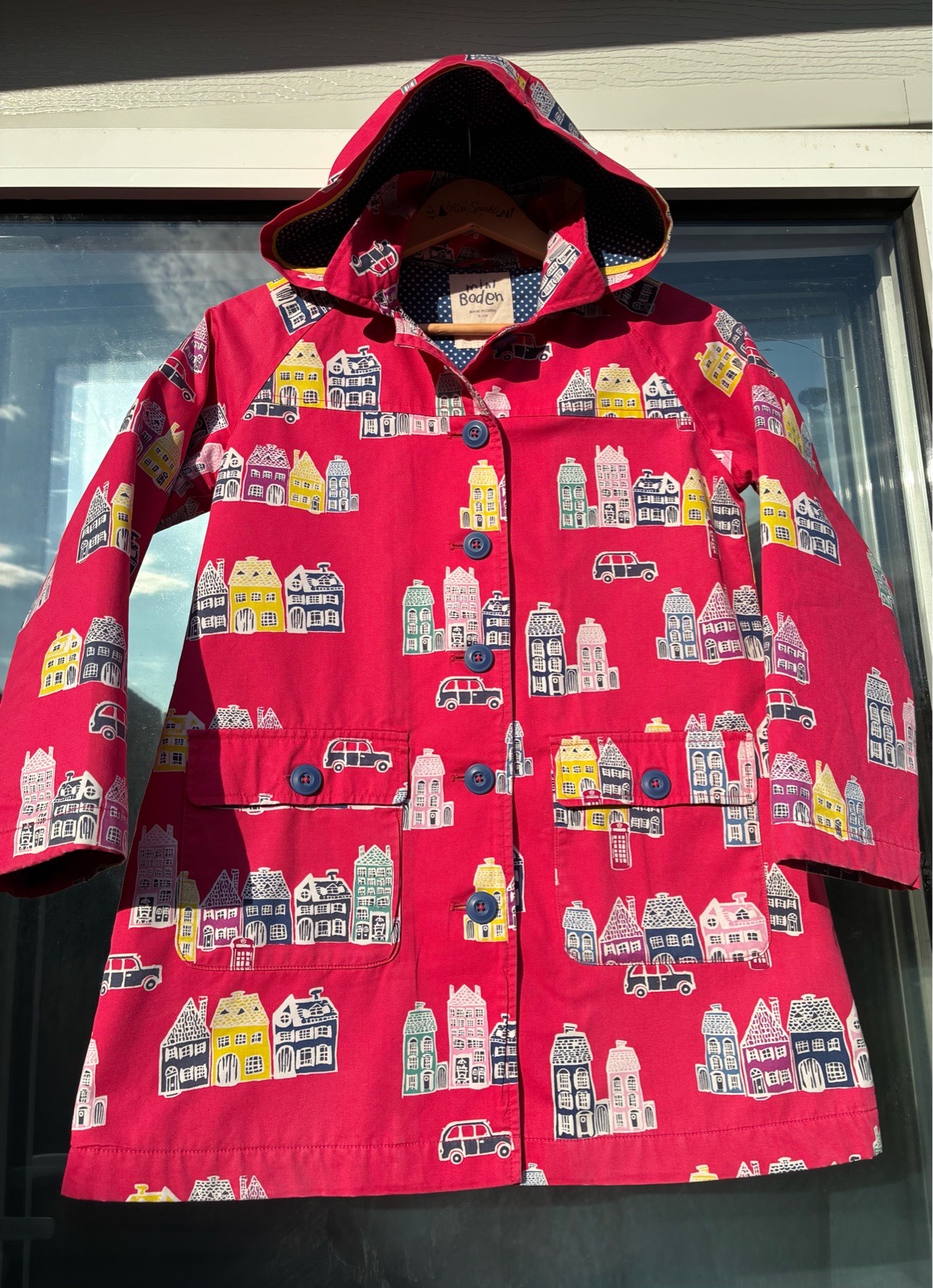 Mini Boden Girls Pink Town House Print Hooded Mac Coat (Age 9-10Y)