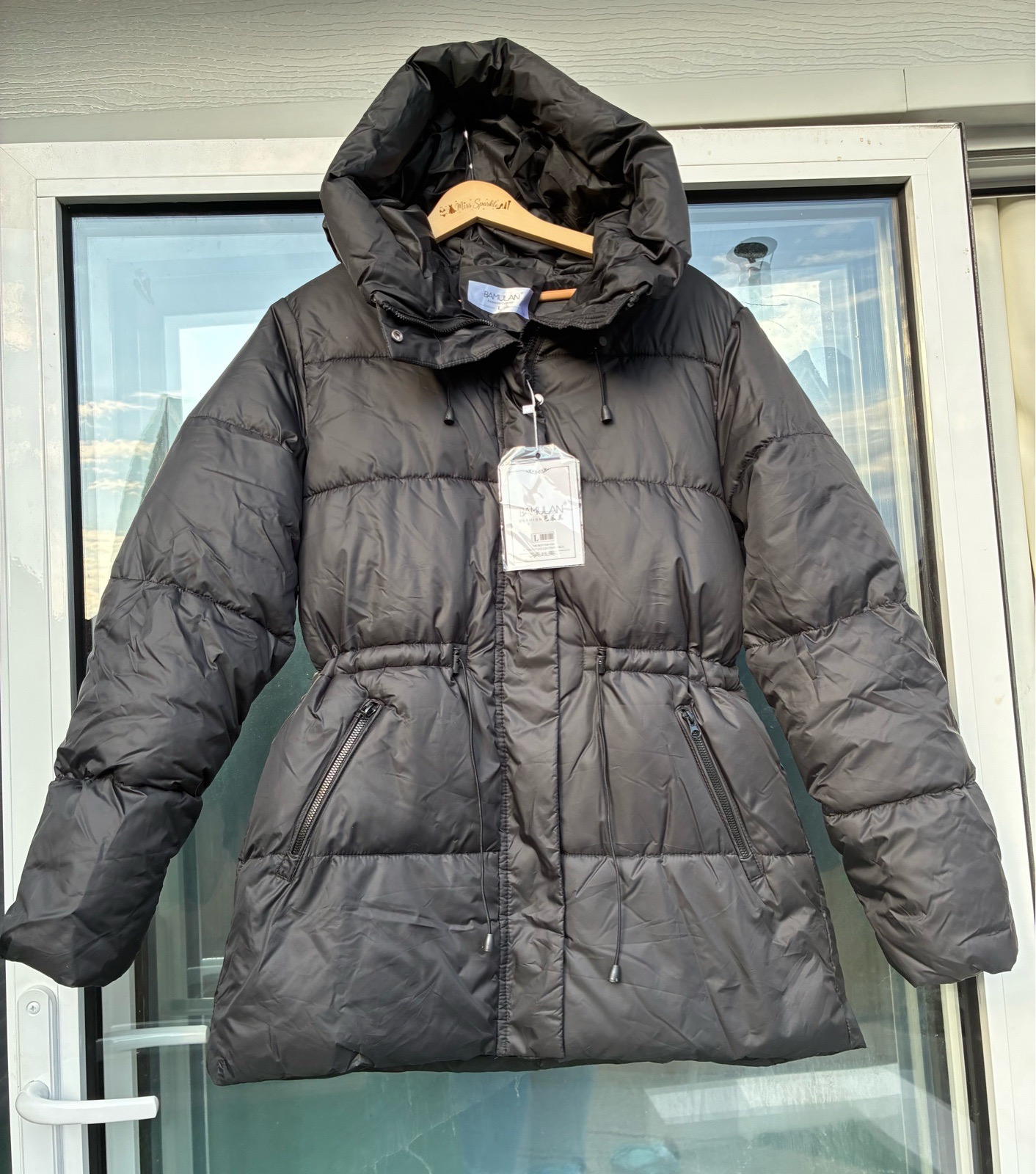 Women's Black Hooded Puffer Jacket / Coat Autumn Back to School Size L  BNWT