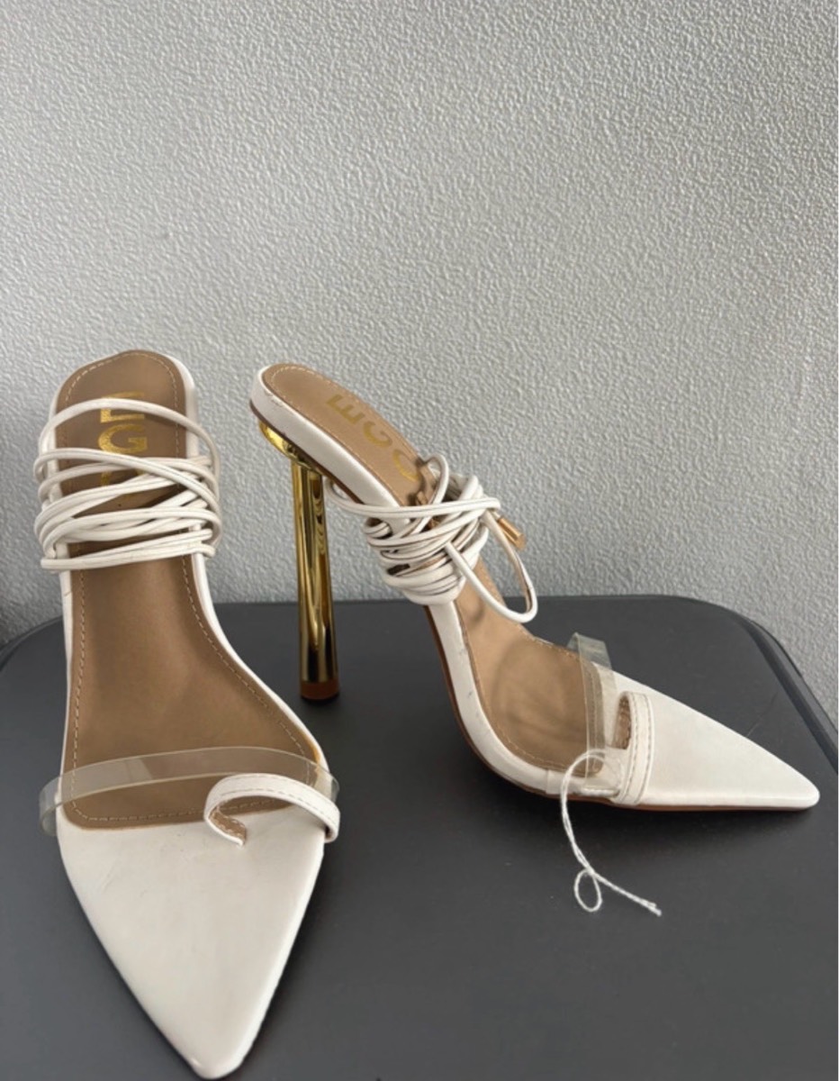 EGO white lace up high heels with gold metallic stiletto - size UK 3