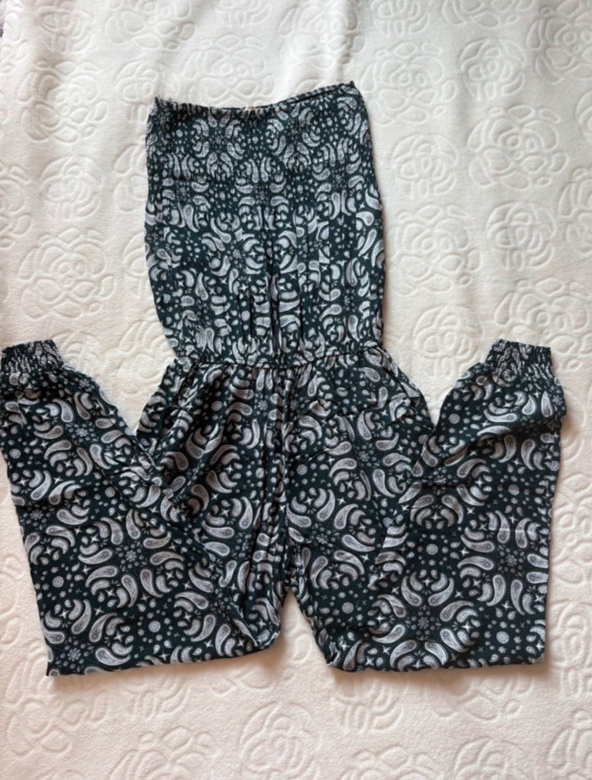 Blu Deise paisley strapless jumpsuit size S/M (UK 8/10) dark olive green & white
