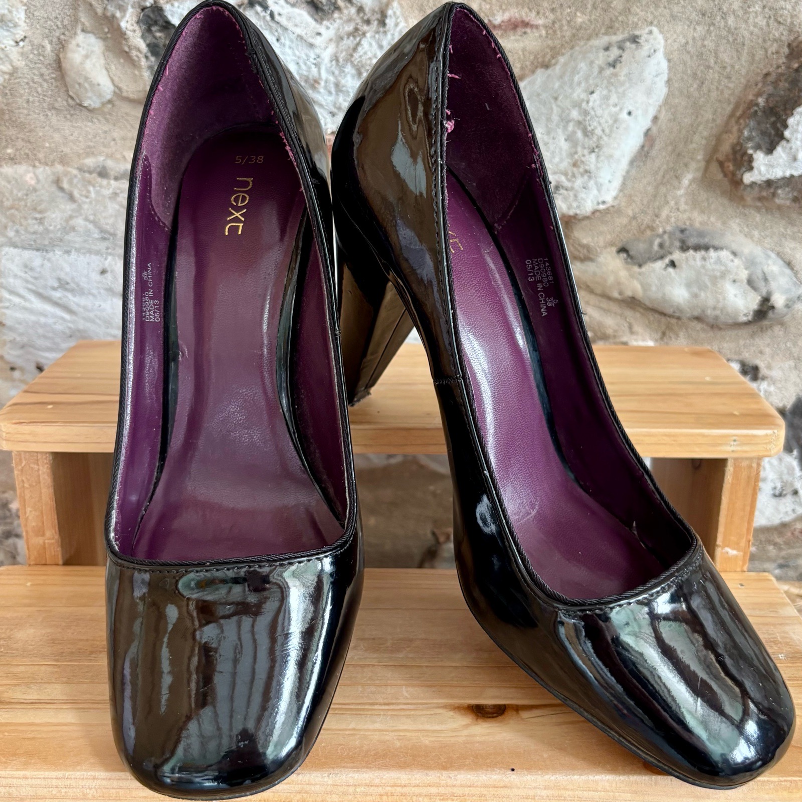 Next Black Patent Court Shoes UK 5 EU 38 Block Heel Work Office Smart