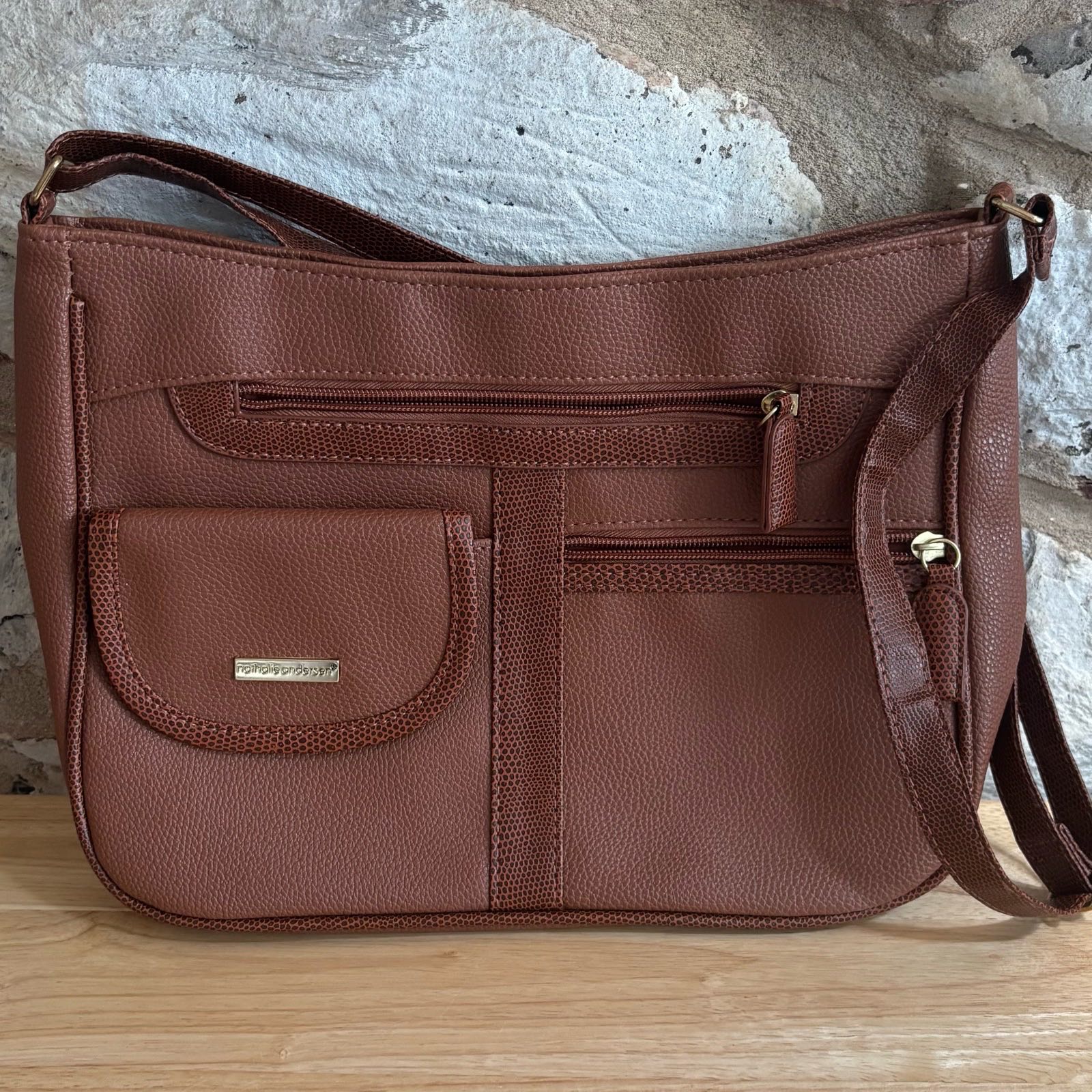 Nathalie Andersen Faux Leather Crossbody Shoulder Bag Brown Multi Pocket