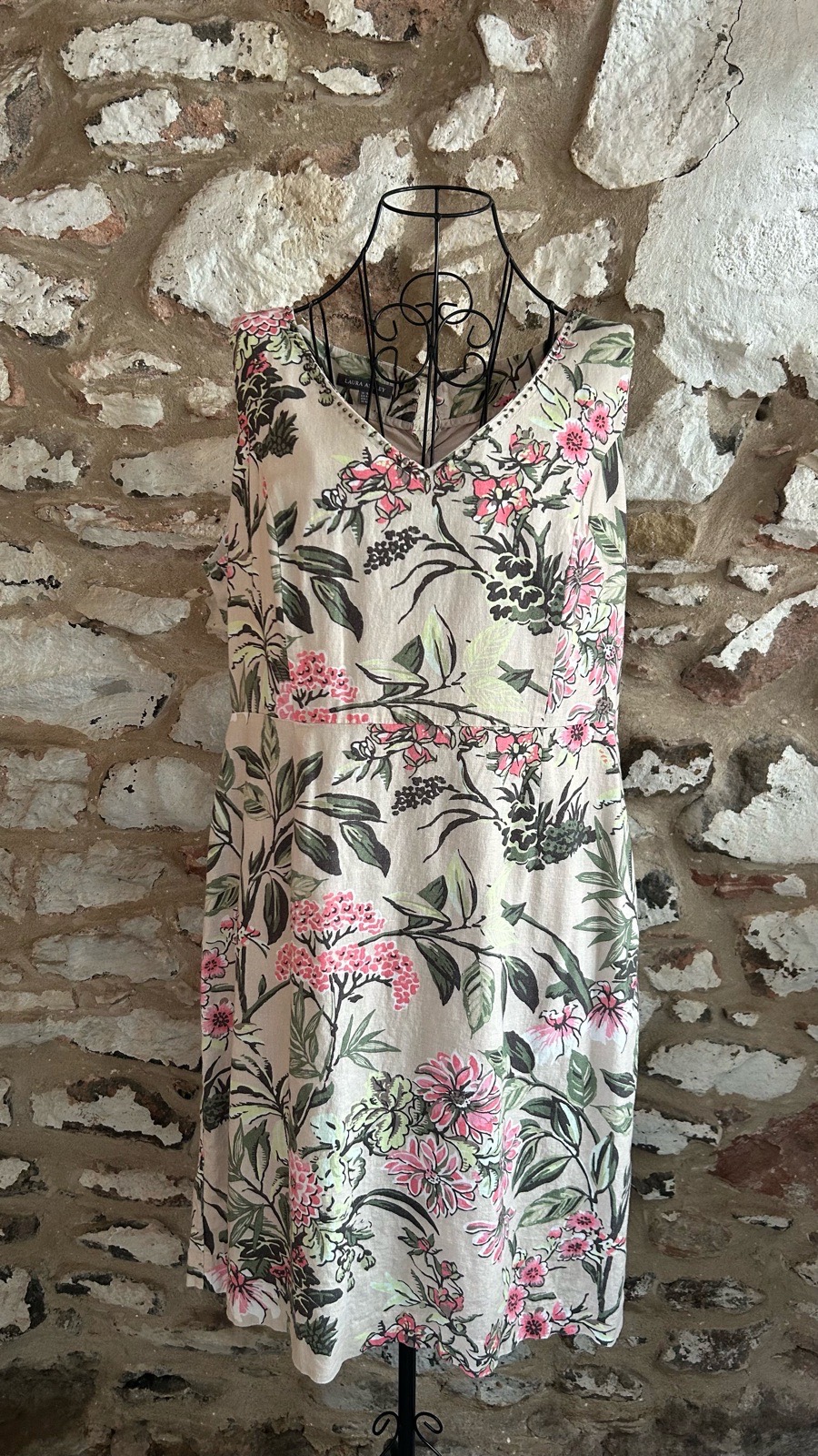 Laura Ashley Cream Pink Floral Linen Blend Dress 18 Occasion Cottagecore