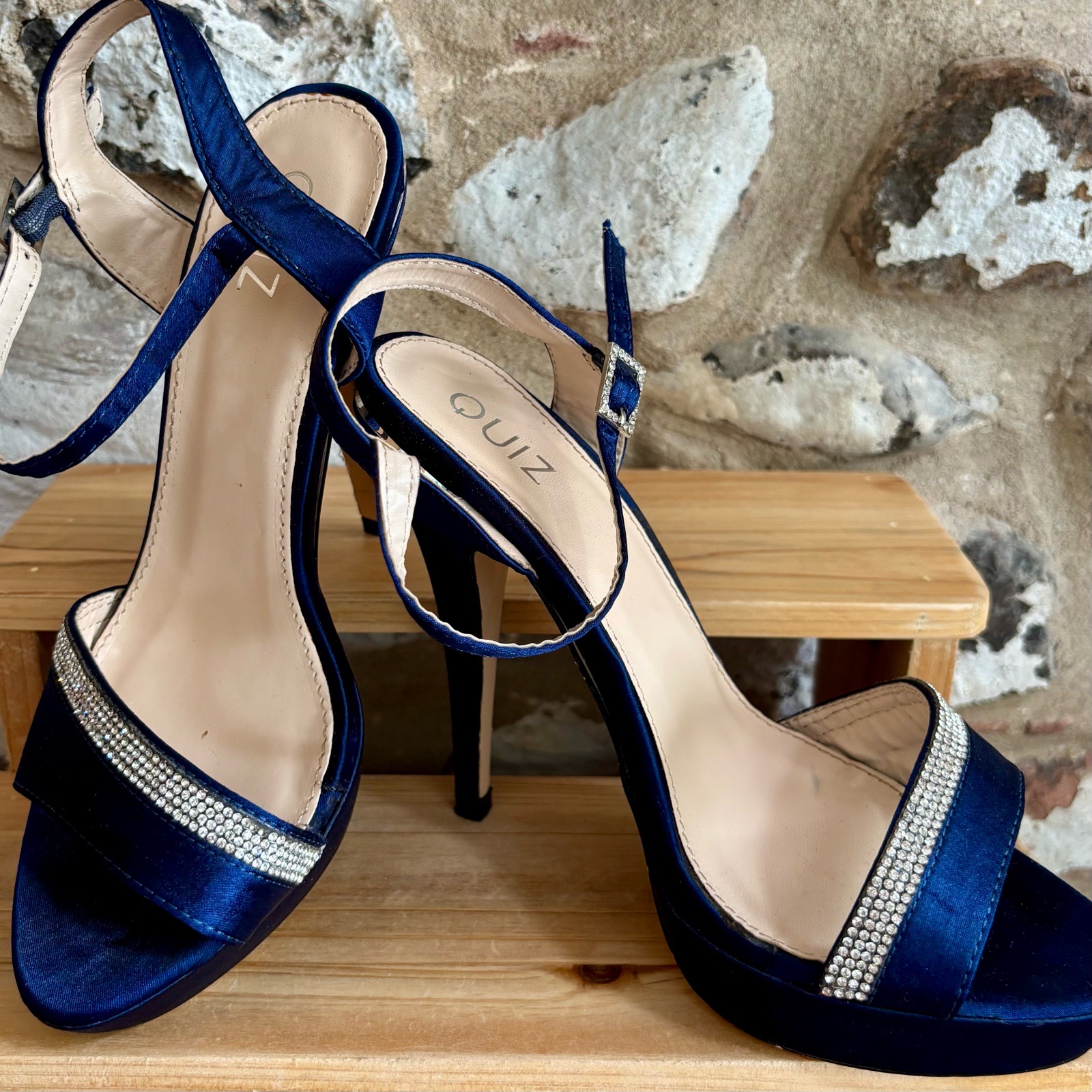 Quiz Navy Satin Diamanté Platform Heels UK 5 EU 38 Wedding Guest Prom Occasion Shoes