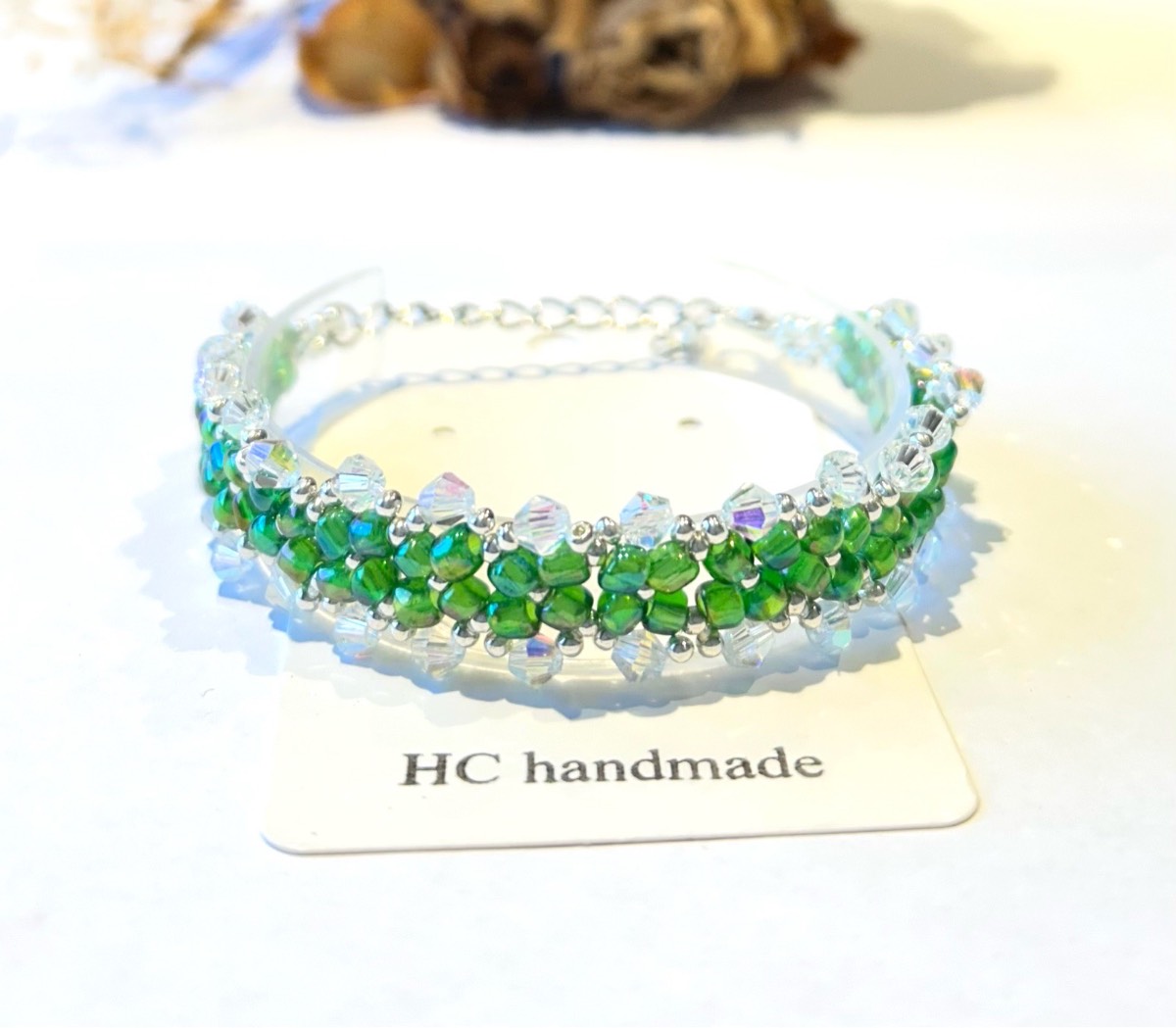 Green & Clear Crystal Beaded Bracelet