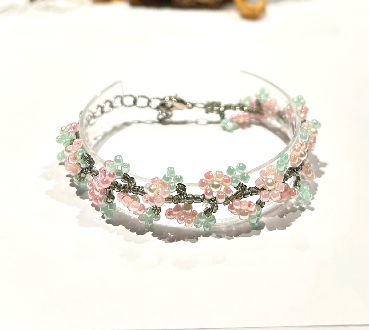 Handmade Pink Flowers Beaded Bracelet