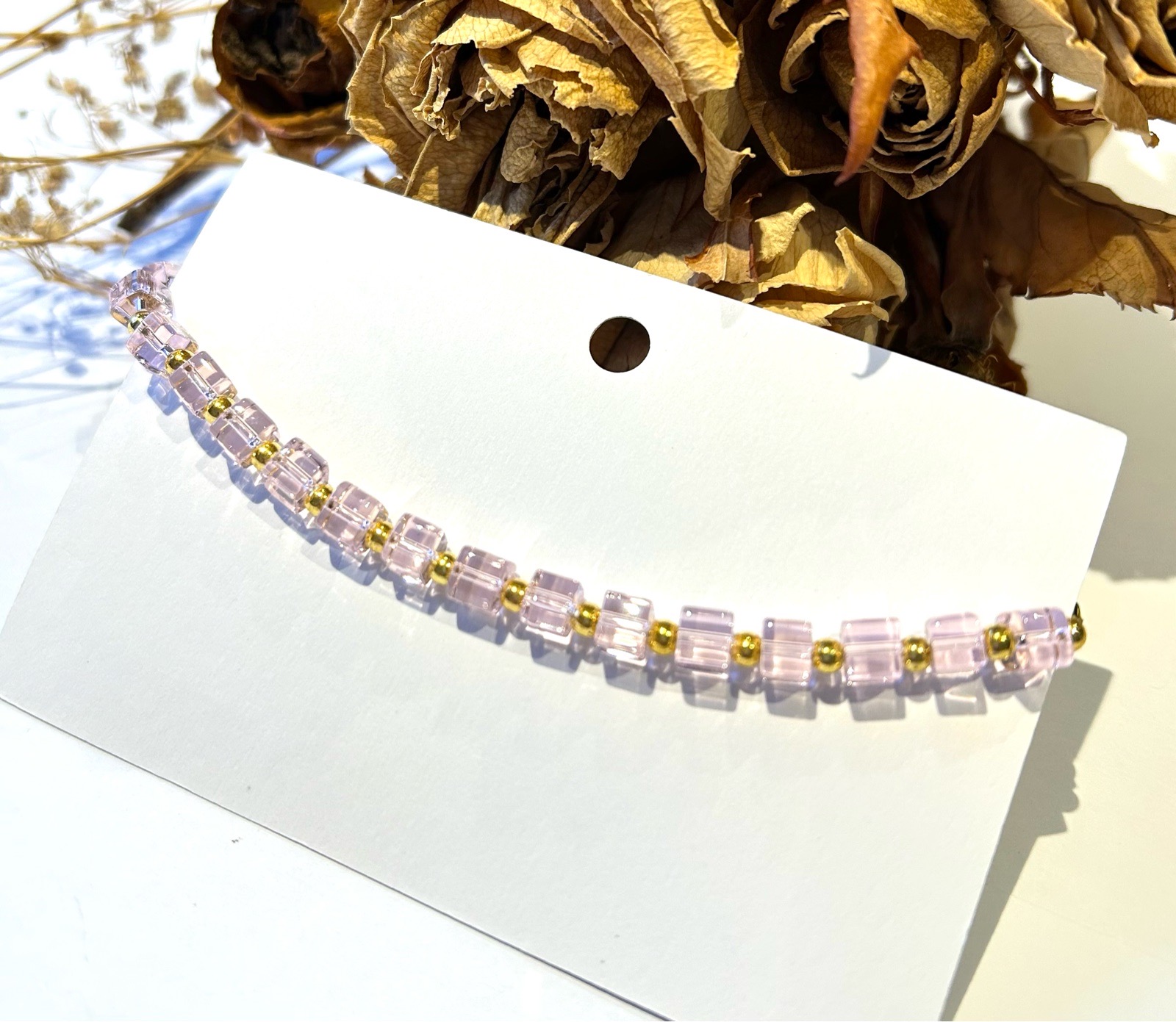 Handmade Pink Square Glass Beaded Bracelet