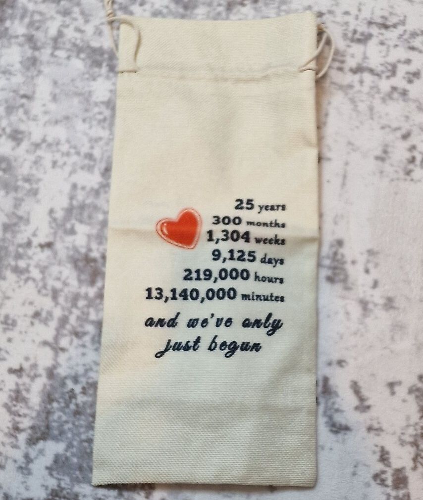 25th Wedding Anniversary Wine Bottle Gift Bag Cotton Linen 36 x 16cm B22