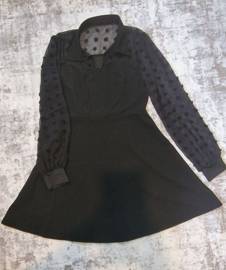 Black Skater Dress with Sheer Polka Dot Sleeves Size M B1