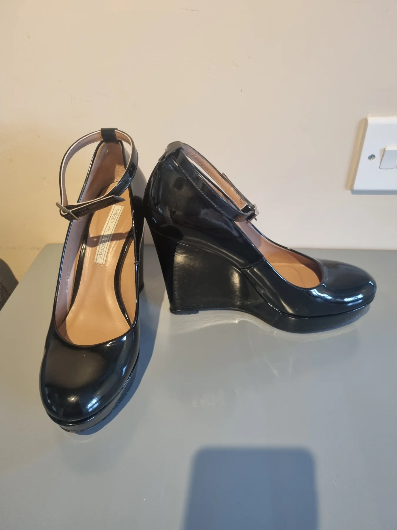 Pied A Terre Black Wedge Heels With Ankle Strap Uk 6