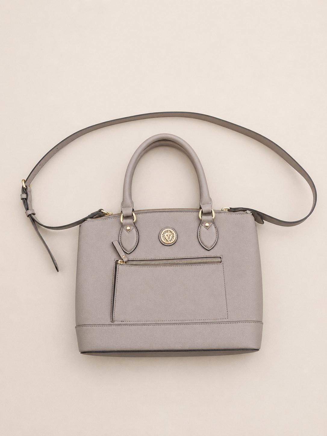 Ann Taylor Grey Faux Leather Saffiano Satchel Gold Hardware Detachable Strap