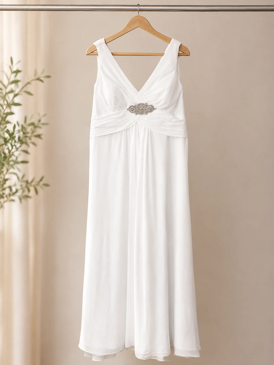 Flowy chiffon, cowl neck, wedding dress with embellished crystal brooch- UK 24